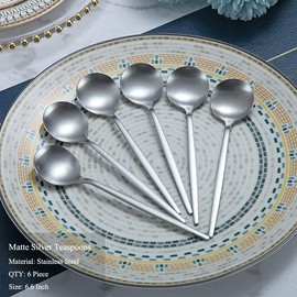 HOMQUEN Matt Tea Spoon, 6 Pieces, 6.6 Inch Spoons, Silver Cutlery, Small Spoons Made of Stainless Steel, Tea Spoon for Home, Kitchen or Restaurant, Dishwasher Safe (Matt Silver, 6.6 inches)