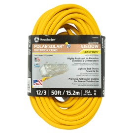 Southwire Polar Solar Extra Heavy Duty Extension Cord, 50Ft, 10 Gauge, 3 Conductor, 3-Outlet Outdoor Extension Cord, SJEOW, Lighted End, Yellow, 3588SW0002