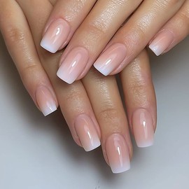 Yivaiks Pink Nude White Press on Nails Short Fake Nails Square UV Gel False Nails for Women Full Cover Stick on Nails Acrylic Nails