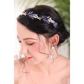 Bridal Headpiece Blue Sapphire Rhinestone Headband Blue Crystal Hair Vine Silver Bridal Headbands for Wedding Party Wedding Hair Jewelry(Heaband)