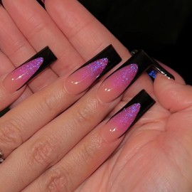 MERVF Long Square Press on Nails Black French Tip Fake Nails Glitter Press ons Glue ons with Purple Ombre Design Squoval Goth Acrylic False Nail Glossy 24pcs