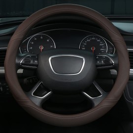ALEMODR Brown Leather Steering Wheel Cover Universal 15 inch