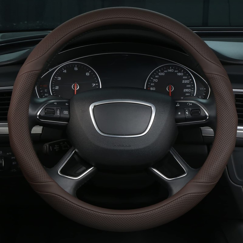 ALEMODR Brown Leather Steering Wheel Cover Universal 15 inch