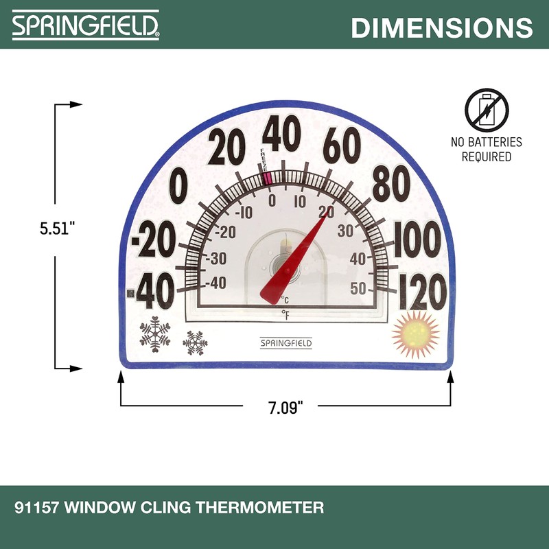 Springfield Static Cling Indoor Outdoor Thermometer, Temperature Gauge for Patio,