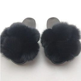 2027 NEW KJ Colorful Ladies Slippers Fluffy Sexy Slippers for Women Flat Home Woman's Indoor Warm Furry ShoesColor: Black, US Size: 12