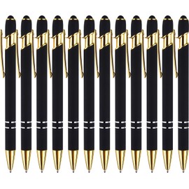 LINFANC 12 Pack Black Gold Ballpoint Pen with Stylus Tip, 1.0 mm Black Ink Smooth Writing Pens, Metal Stylus Pens for Touch Screens