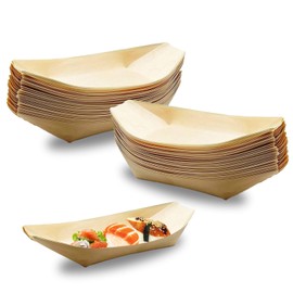 Voittozege 100 Pcs Wood Serving Boats Plates Trays Disposable Wooden Boat Plates, Sturdier Than Bamboo Boats, 5.5" x 3.2", Biodegradable Charcuterie Boats Dishes Food Container for Appetizers