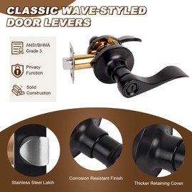 ANSIONLOK Privacy Door Lever Handle Lock, Wave Style Door Levers with Screwdriver, Interior Privacy Door Levers for Bed/Bath Room, Reversible Handle with Locks, Matte Black, 1 Pack