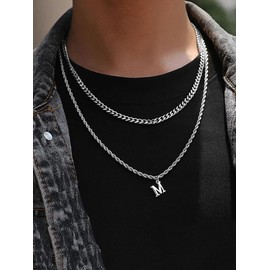 2pcs/set Men's Punk Style Stainless Steel Letter Pendant Necklace, Casual 2024 New Trendy Chain Necklace for Party, Club, Classic Fashion Accessories for Daily Wear - Color: Silver, Specification: B
