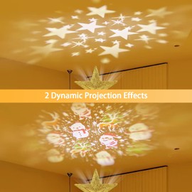 Sparkling Gold Christmas Tree Topper Lighted, 3D Hollow Xmas Tree Decorations, Christmas Tree Star Topper with 2 Projection Modes, Suitable for Party Festivals