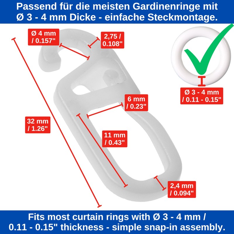 Curtain hooks for rings, 120 pieces, with Ø 4 mm