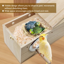 MUYG Large Parakeet Nesting Box for Cage,Transparent Bird Breeding Box Acrylic Parakeet Nest Natural Wood Bird Cage House for Parrot Cockatiel Budgies Canaries Lovebirds (L)