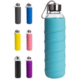 Ferexer Sports Glass Water Bottle with Silicone Sleeve 32 oz Cyan