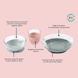 BEABA 3-Piece Glass Meal Set with Suction Pads, Toddler Plate and Baby Bowls with Suction, Non Slip Kids Dinnerware Set, 2.5x Stronger than Regular Glass, Eucalyptus