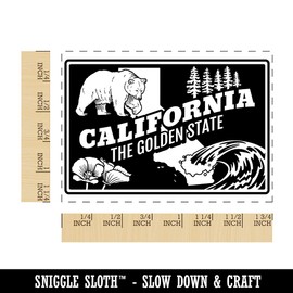 California Golden State Grizzly Bear Poppy Redwoods United States Rectangle Rubber Stamp for Stamping Crafting - 1.7in Small