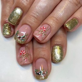 Christmas Press on Nails Short Square MABKJLF French Tip Fake Nails Winter False Nails with Cane Candy Gold Glitter Designs Glossy Glue on Nails Xmas Acrylic Nails for Women Girls 24 Pcs