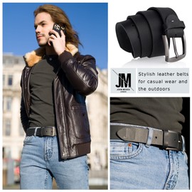 John Moses - Mens Leather Belt with Scratch Resistant Buckle Soft Genuine Belt for Casual Denim Dress Black 44-46, black
