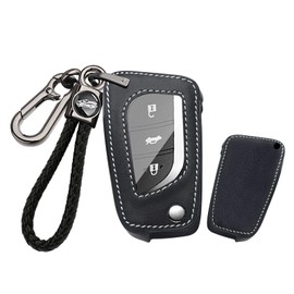 HIBEYO Folding Key Fob Cover Fit for Toyota Fortuner Tundra Camry RAV4 Highlander Corolla Real Leather Key Case Shell Protector fit for Toyota Car Accessories Key Chain-B Keychain Black