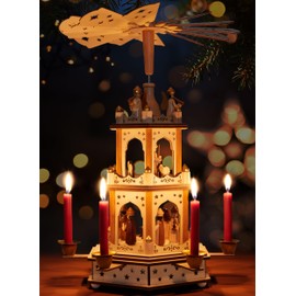 BRUBAKER Christmas Pyramid - 3-Tier Rotating Wooden Pyramid - 18 Inch Candle Decoration Made of Wood - Hand-Painted Figures - Brown