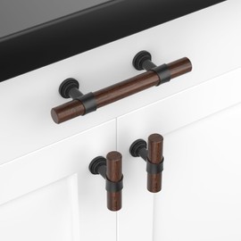 homdiy 10 Pack Black Cabinet Handles 5 Inch Hole Centers Walnut Wood Grain Metal Drawer Pulls for Dresser Cupboard