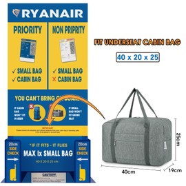 Ryanair Cabin Bag, 40 x 20 x 25 cm, Hand Luggage for Aeroplane, Foldable Travel Bag for Women, Weekender Bag, 20 L, gray