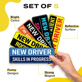 New Driver Magnet for Car - Funny 5-Pack Please Be Patient Reflective Magnetic Bumper Sticker Set - Removable Novice Rookie Safety Attention Sign - Weather-Resistant - 10 x 3.5 inches