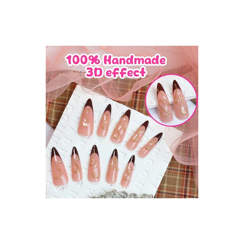 Uñas Postizas Francesas Marrones Con Punta Francesa, Largas, Estilo Stiletto,