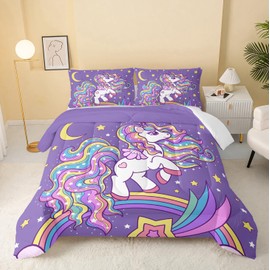 QOOMO Unicorn Comforter Queen Size,Rainbow Unicorn Comforter Set for Kids Teens Girls,3Pcs Bedding Set Printed Comforter with 2 Pillowcases,Down Alternative,Soft and Lightweight，Queen Size