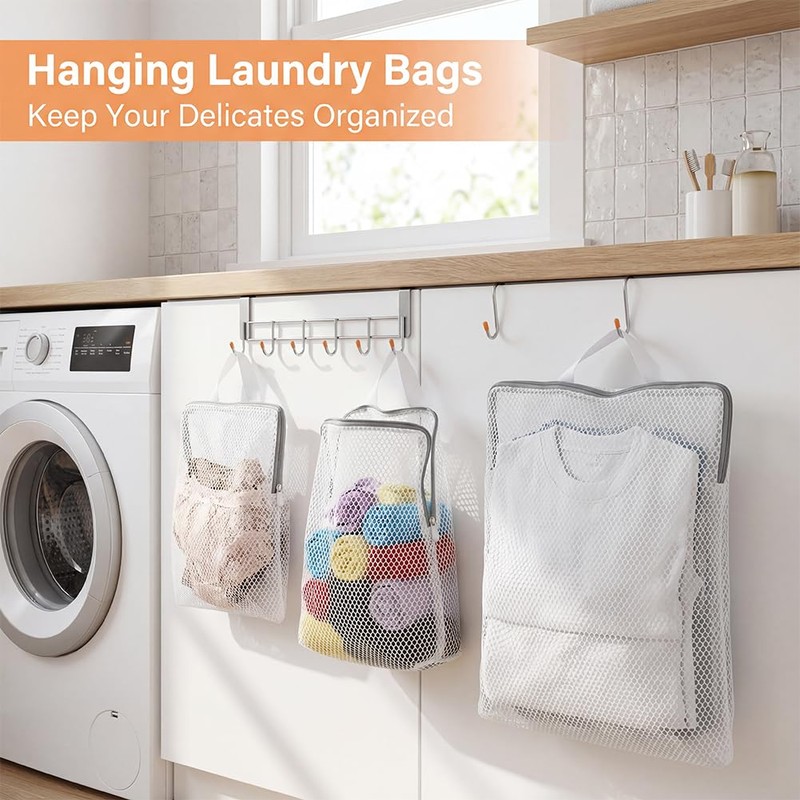 3Pcs Hanging Laundry Bags with S Hooks, 3 Different Size,