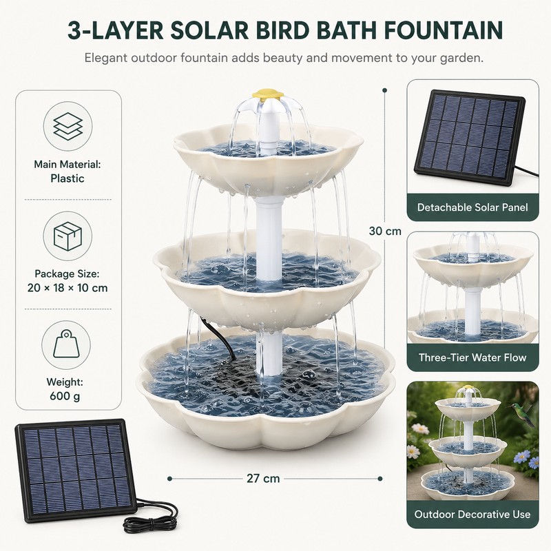 Solar Bird Bath Fountain for Outdoor Décor – 3-Tier Plastic