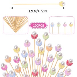 100PCS Fancy Toothpicks for Appetizers, 4.7 Inch Pearl Flower Skewers for Appetizers, Cocktail Picks for Drinks, Sandwich Fruit Charcuterie Party Decorations