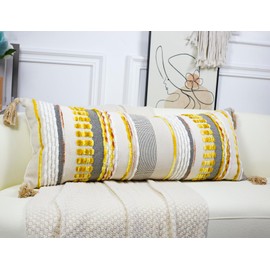 NUYECY Chenille and Cotton Long Pillow for Bed,Striped Textured Boho Long Lumbar Throw Pillow Cover 14x36,Neutral Accent Decorative Extra Long Body Pillow Case for Couch Sofa Bedroom,Yellow