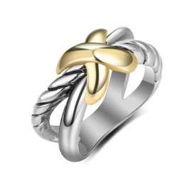 dnswez 2 Tone Intertwined Crossover Statement Antique Ring Fashion Chunky Band Rings for Women Men Gold Silver Plated Wide Index Finger Rings, Metal Silver