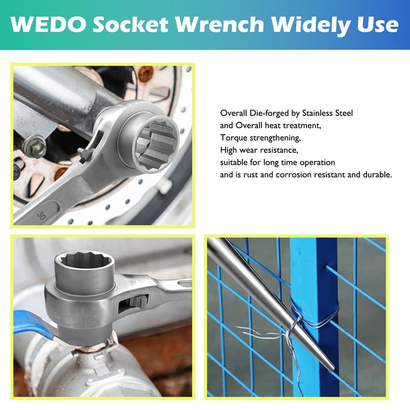 WEDO Stainless Steel Scaffold Podger Ratchet Wrench,Double Side 12 Point