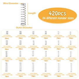 Raxfekro 420-Piece Set Compression Spring Assortment, 24 Specifications Compression Springs, Length 10 mm, 15 mm, 20 mm, 30 mm, Diameter 5 mm, 6 mm, 7 mm, 6 Different Elasticities for Spring