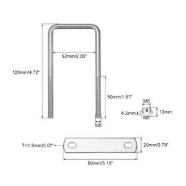 sourcing map Square U-Bolts, 5 Sets 52mm(2.05") Inner Width 120mm Length M8 304 Stainless Steel U Clamp Bolt with Nuts and Plates, for Boat Trailer