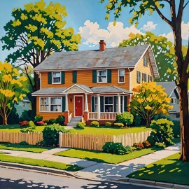 ACEO Art Card Neighborhood in the 1950's with 2 Story Home Strong Color
