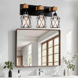 Farmhouse Bathroom Vanity Light, 3-Lights Wood Rustic Bathroom Light Fixtures Over Mirror, Black Industrial Sconces Wall Lighting with Metal Lampshade for Hallway, Living Room, Bedroom