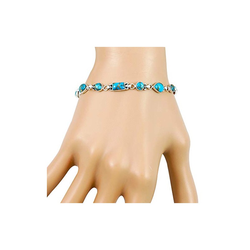Turquoise Link Bracelet Sterling Silver 925 Genuine Turquoise (Teal/Matrix)