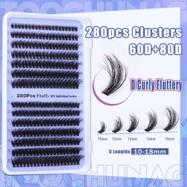 Fluff Lash Clusters 60D+80D Thick Eyelash Clusters D Curly Wispy Individual Lashes 10-18mm Cluster Eyelash Extensions 280pcs False Eyelashes DIY Flat Lash Extension by TOOCHUNAG