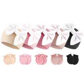 BQUBO Newborn Baby Girls Hats Mittens Set Hospital Hat Beanie Infant Bow Hats Baby Cotton Gloves No Scratch Mittens for 0-6 Months