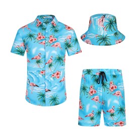 SPKPKEY Men's Flamingo Hawaiian Shirt and Short Set 2 Piece Beach Outfits Sets with Bucket Hats Sky Blue Large