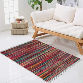 Trendsco - Rectangle Hand Made Chindi Rug with Complete Recycled 100% Pure Cotton - Multi Colorful Rug with Stripes - Decorative Pink Rugs for Living Room, Bedroom Decor and Garden (50 x 80 cm)
