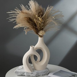 XL Cream White Snuggle Hollow Ceramic Vase of 2 for Coffee Table Decor, Modern Minimalist Aesthetic Donut Floral Vases, for Home Living Room Entryway Table Shelves Decorative (W 6.8" X H 11")