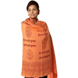 Exotic India Women's Hare Rama Hare Krishna Prayer Shawl with Lord Ganesha Printed Stole for Pooja (Saffron)