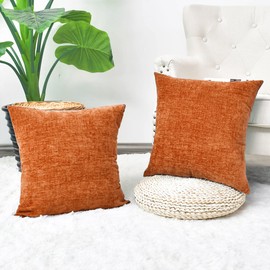 CaliTime Fall Pack of 2 Cozy Throw Pillow Covers Cases for Couch Sofa Home Decoration Solid Dyed Soft Chenille 18 X 18 Inches Burnt Orange