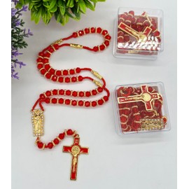 Crystal Beads Catholic Rosary Crucifix Necklace San Judas Recuerdos de Bautizo Communion Religious Gifts (St Jude Red) (Gold)