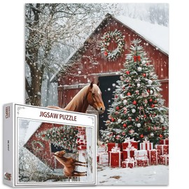 Red Wooden House1000 Piece Jigsaw Puzzles for Adults Christmas Trees Painting Jigsaw Puzzle Animal Horse 1000 Pieces Puzzles Game Home Wall Decor DIY Craft Winter Forest Puzzle Art Gift Box(Red)