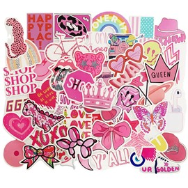 50pcs Pink Preppy Style Stickers Valentines Day Pink Girl Laptop Computer Bedroom Wardrobe Skateboard Phone Luggage Guitar DIY Decal For Students Teens Girl