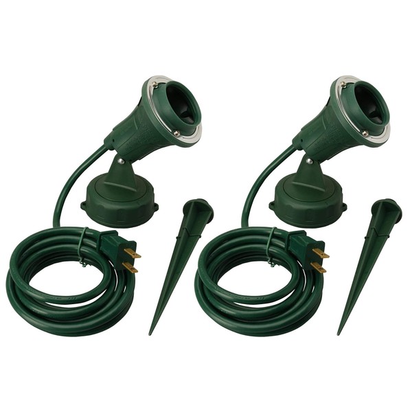 Woods Outdoor Floodlight Fixture with Stake (6-Feet Cord, 120V, Green) (2 Pack)